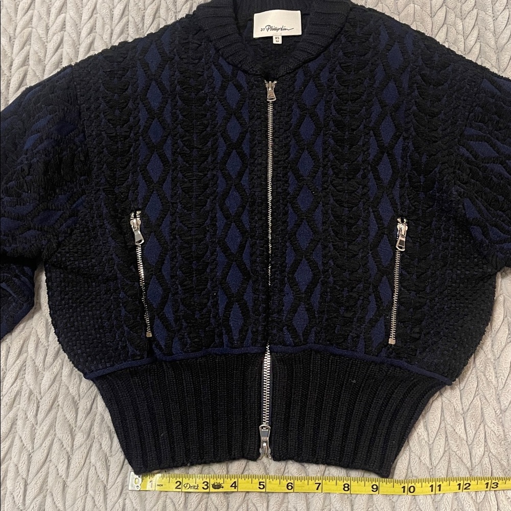 3.1 Phillip Lim Black and Navy Textured Bomber Jacket - Picture 13 of 14
